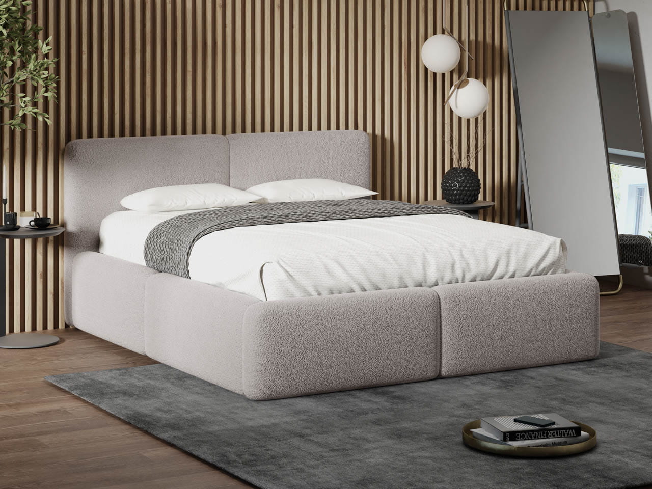 Pat matrimonial Imperio, gri bouclé, design unic, dimensiuni multiple